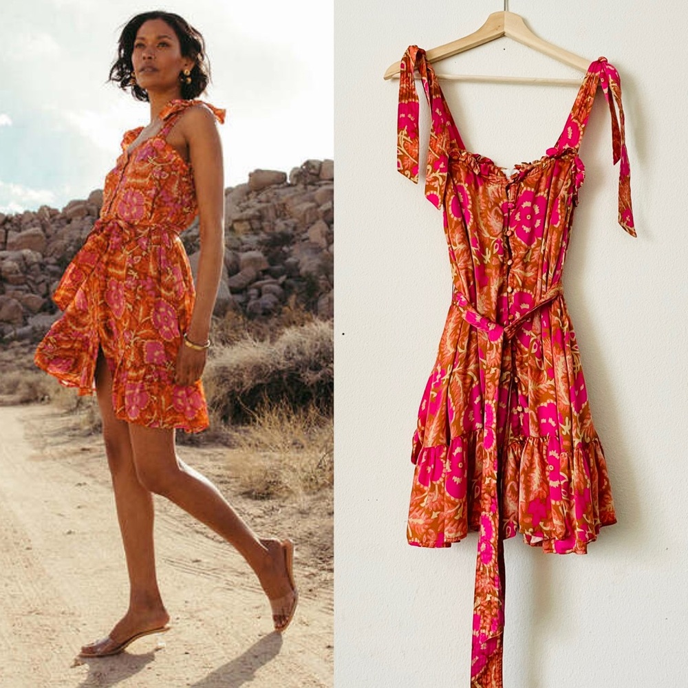 Cleobella XS Rowan satin tie shoulder strap orange pink floral mini dress